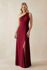 One - Shoulder Sheath Satin Bridesmaid Dress With Slit in Berry - KISS BRIDAL Bridesmaid Dresses