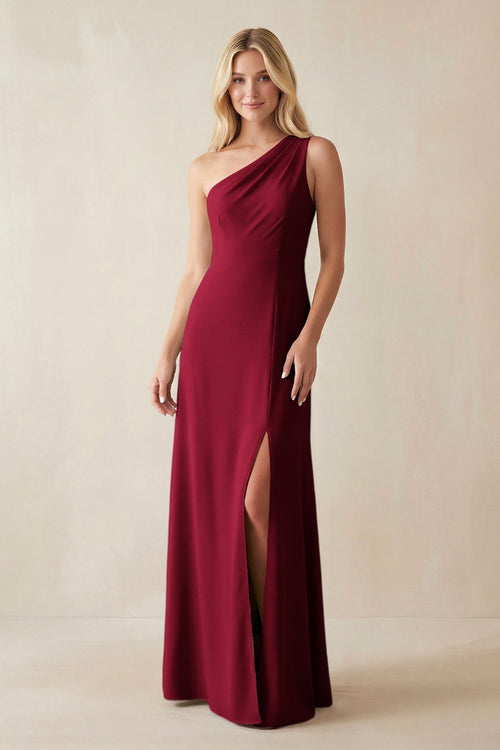 One - Shoulder Sheath Satin Bridesmaid Dress With Slit in Berry - KISS BRIDAL Bridesmaid Dresses