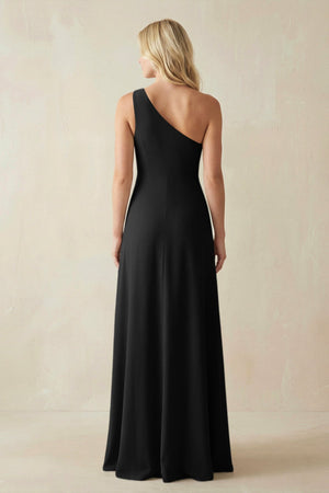 One - Shoulder Sheath Satin Bridesmaid Dress With Slit in Black - SHE IS ME Bridesmaid Dresses