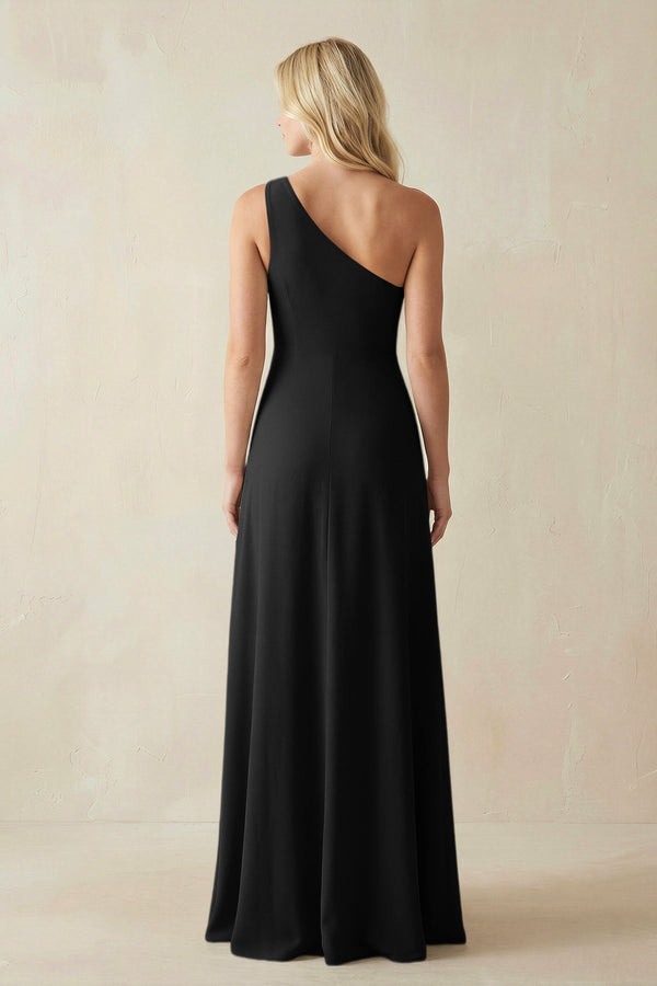 One - Shoulder Sheath Satin Bridesmaid Dress With Slit in Black - SHE IS ME Bridesmaid Dresses