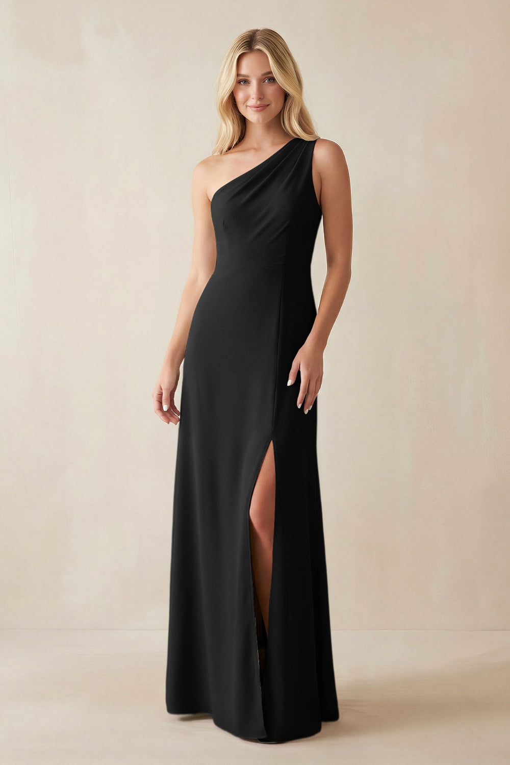 One - Shoulder Sheath Satin Bridesmaid Dress With Slit in Black - KISS BRIDAL Bridesmaid Dresses
