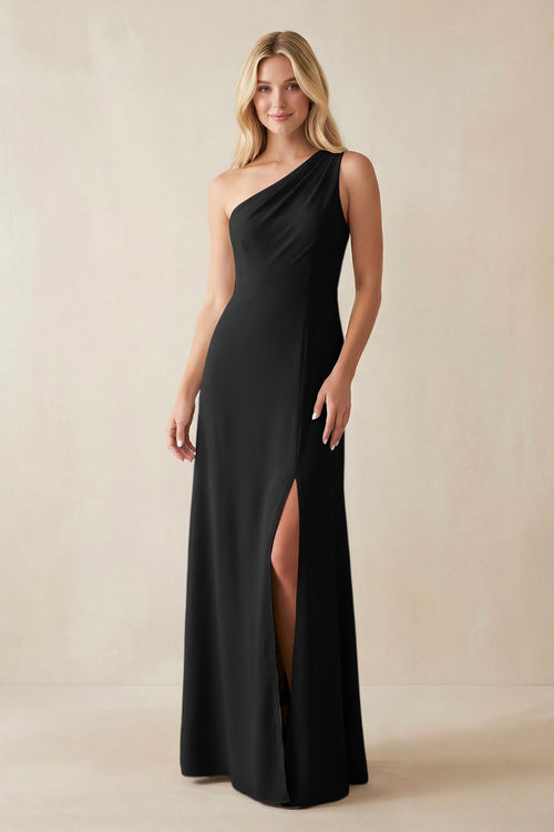 One - Shoulder Sheath Satin Bridesmaid Dress With Slit in Black - SHE IS ME Bridesmaid Dresses