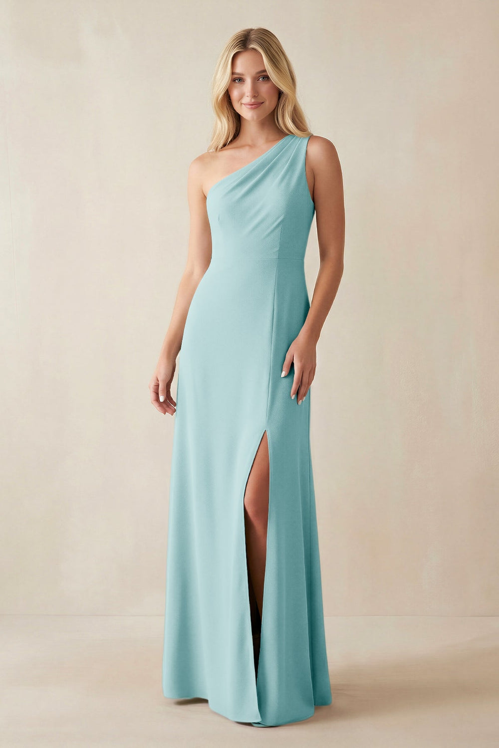 One - Shoulder Sheath Satin Bridesmaid Dress With Slit in Bleached Aqua - KISS BRIDAL Bridesmaid Dresses