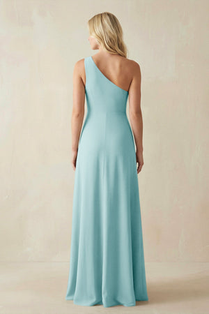 One - Shoulder Sheath Satin Bridesmaid Dress With Slit in Bleached Aqua - KISS BRIDAL Bridesmaid Dresses