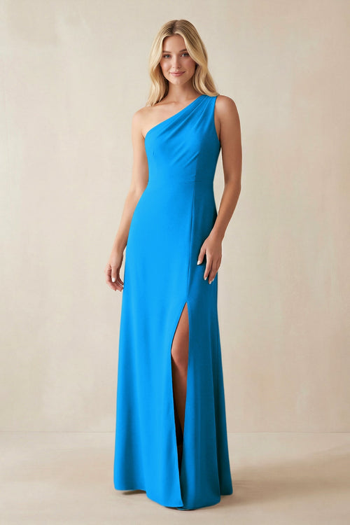 One - Shoulder Sheath Satin Bridesmaid Dress With Slit in Blue Jay - KISS BRIDAL Bridesmaid Dresses