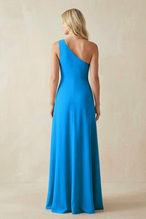One - Shoulder Sheath Satin Bridesmaid Dress With Slit in Blue Jay - KISS BRIDAL Bridesmaid Dresses