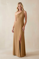 One - Shoulder Sheath Satin Bridesmaid Dress With Slit in Bronzer - SHE IS ME Bridesmaid Dresses