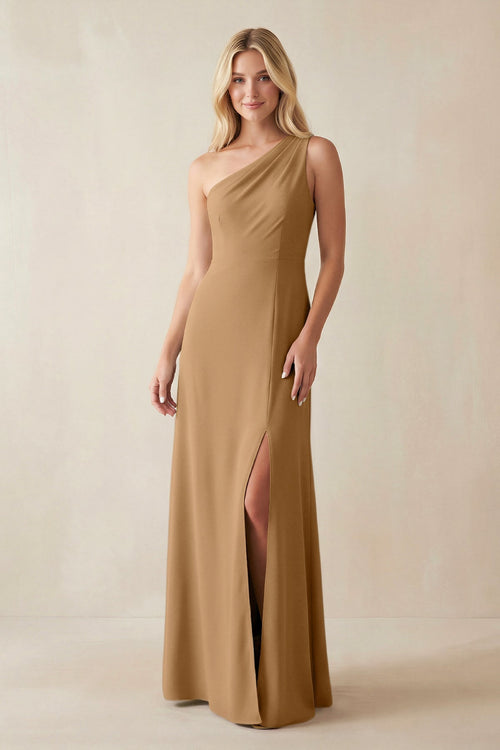 One - Shoulder Sheath Satin Bridesmaid Dress With Slit in Bronzer - SHE IS ME Bridesmaid Dresses