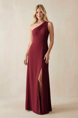 One - Shoulder Sheath Satin Bridesmaid Dress With Slit in Burgundy - KISS BRIDAL Bridesmaid Dresses