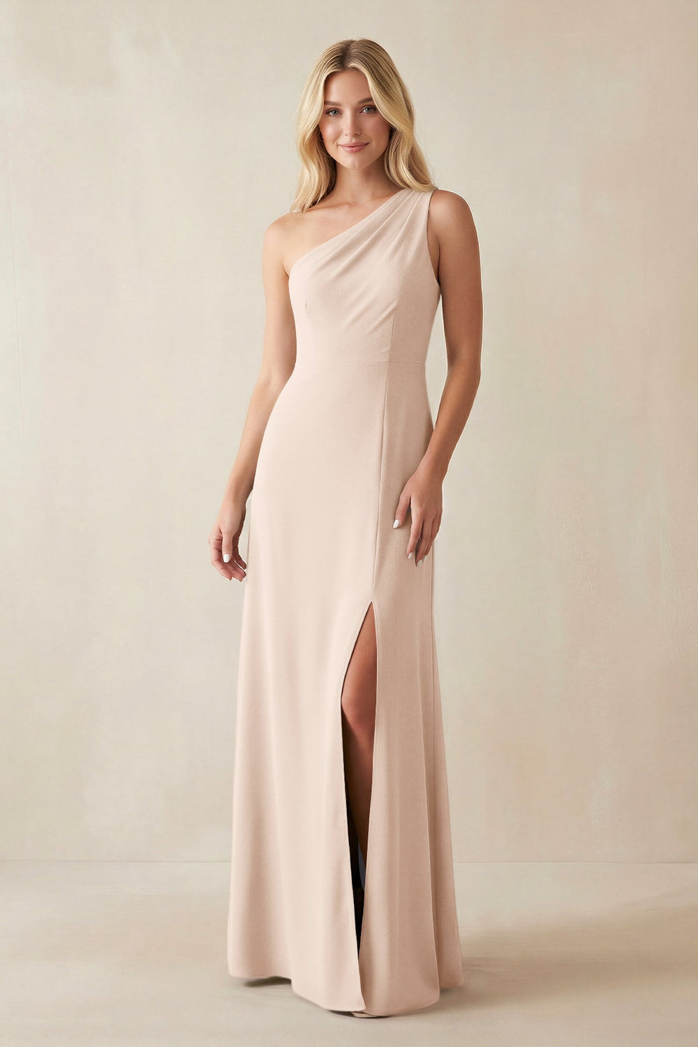 One - Shoulder Sheath Satin Bridesmaid Dress With Slit in Buttercream - SHE IS ME Bridesmaid Dresses