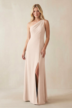 One - Shoulder Sheath Satin Bridesmaid Dress With Slit in Buttercream - KISS BRIDAL Bridesmaid Dresses