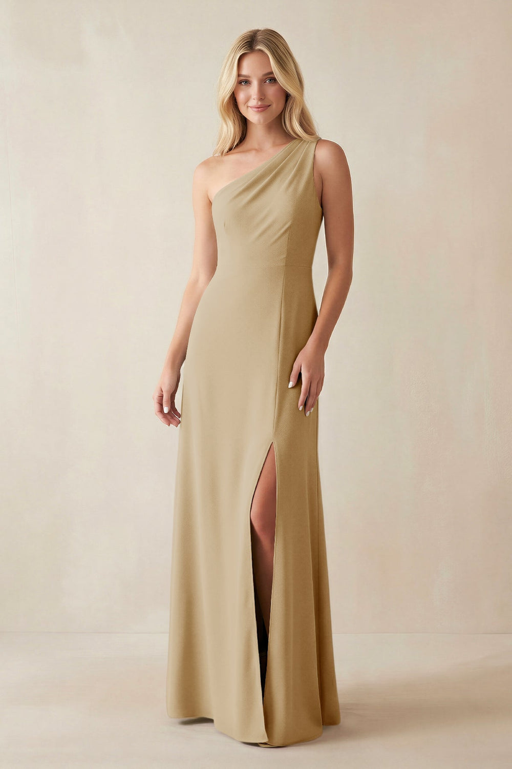 One - Shoulder Sheath Satin Bridesmaid Dress With Slit in Champagne - KISS BRIDAL Bridesmaid Dresses