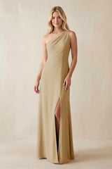 One - Shoulder Sheath Satin Bridesmaid Dress With Slit in Champagne - KISS BRIDAL Bridesmaid Dresses