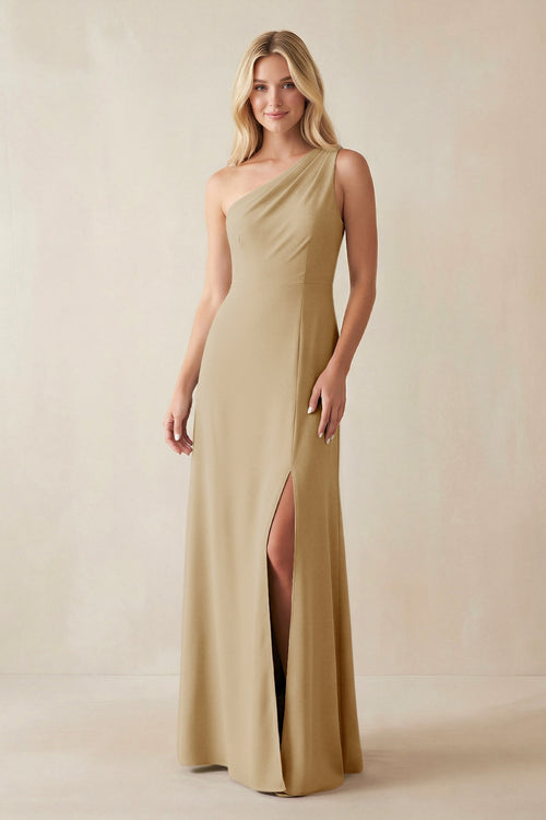 One - Shoulder Sheath Satin Bridesmaid Dress With Slit in Champagne - KISS BRIDAL Bridesmaid Dresses