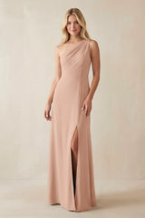 One - Shoulder Sheath Satin Bridesmaid Dress With Slit in Champagne Rose - KISS BRIDAL Bridesmaid Dresses