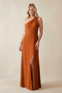 One - Shoulder Sheath Satin Bridesmaid Dress With Slit in Cinnamon - SHE IS ME Bridesmaid Dresses