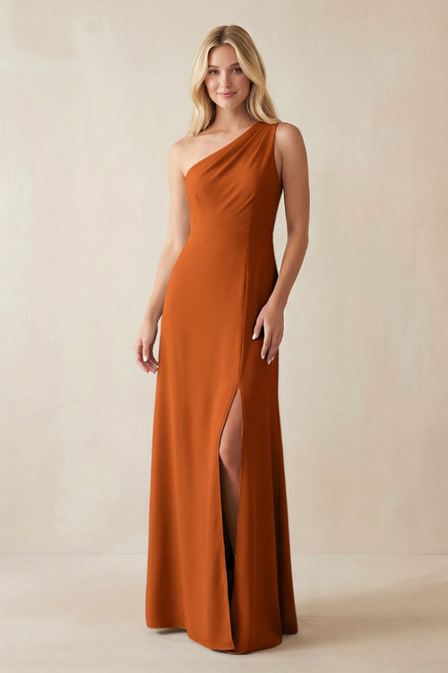 One - Shoulder Sheath Satin Bridesmaid Dress With Slit in Cinnamon - SHE IS ME Bridesmaid Dresses