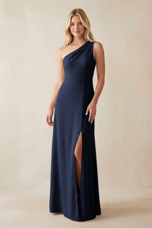 One - Shoulder Sheath Satin Bridesmaid Dress With Slit in Dark Navy - KISS BRIDAL Bridesmaid Dresses