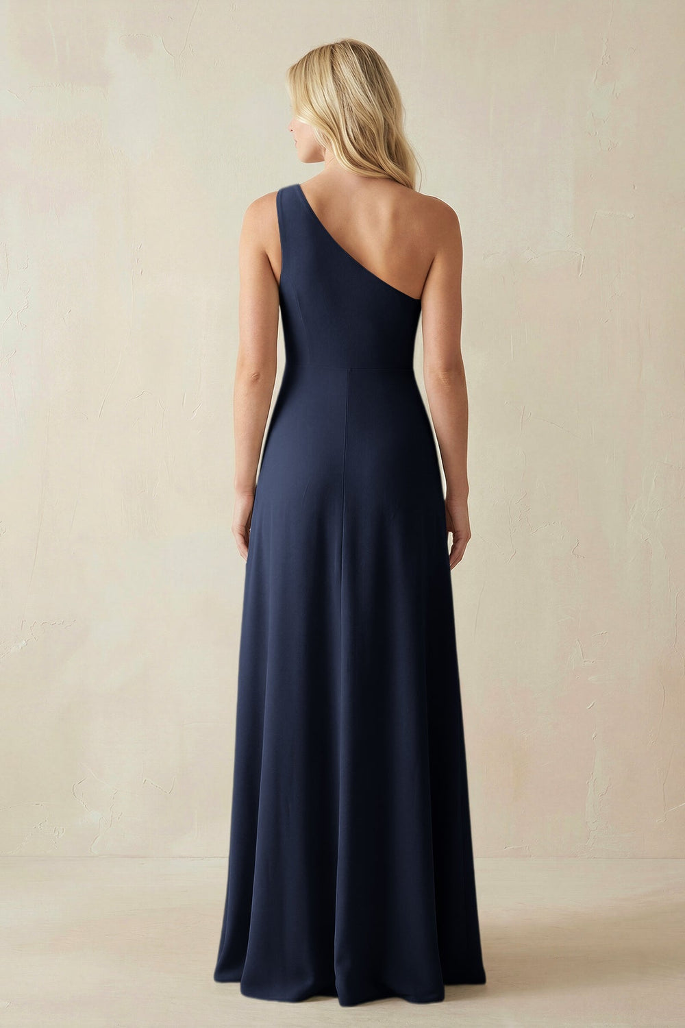 One - Shoulder Sheath Satin Bridesmaid Dress With Slit in Dark Navy - SHE IS ME Bridesmaid Dresses