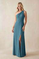 One - Shoulder Sheath Satin Bridesmaid Dress With Slit in Dark Teal - KISS BRIDAL Bridesmaid Dresses