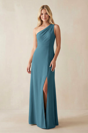 One - Shoulder Sheath Satin Bridesmaid Dress With Slit in Dark Teal - KISS BRIDAL Bridesmaid Dresses