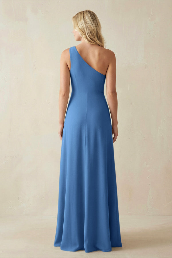 One - Shoulder Sheath Satin Bridesmaid Dress With Slit in Dusty Blue - SHE IS ME Bridesmaid Dresses