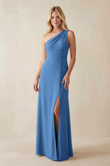 One - Shoulder Sheath Satin Bridesmaid Dress With Slit in Dusty Blue - KISS BRIDAL Bridesmaid Dresses