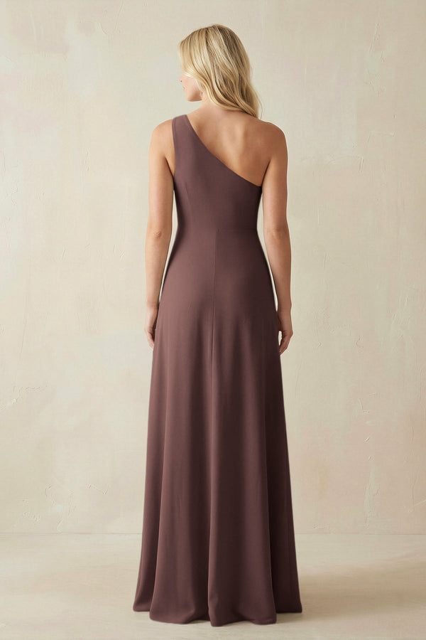 One - Shoulder Sheath Satin Bridesmaid Dress With Slit in Espresso - KISS BRIDAL Bridesmaid Dresses