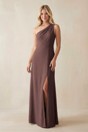 One - Shoulder Sheath Satin Bridesmaid Dress With Slit in Espresso - KISS BRIDAL Bridesmaid Dresses