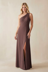 One - Shoulder Sheath Satin Bridesmaid Dress With Slit in Espresso - KISS BRIDAL Bridesmaid Dresses
