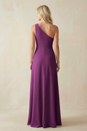 One - Shoulder Sheath Satin Bridesmaid Dress With Slit in Fig - SHE IS ME Bridesmaid Dresses