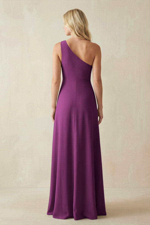 One - Shoulder Sheath Satin Bridesmaid Dress With Slit in Fig - SHE IS ME Bridesmaid Dresses