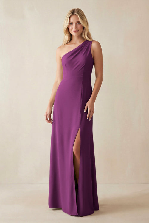 One - Shoulder Sheath Satin Bridesmaid Dress With Slit in Fig - SHE IS ME Bridesmaid Dresses