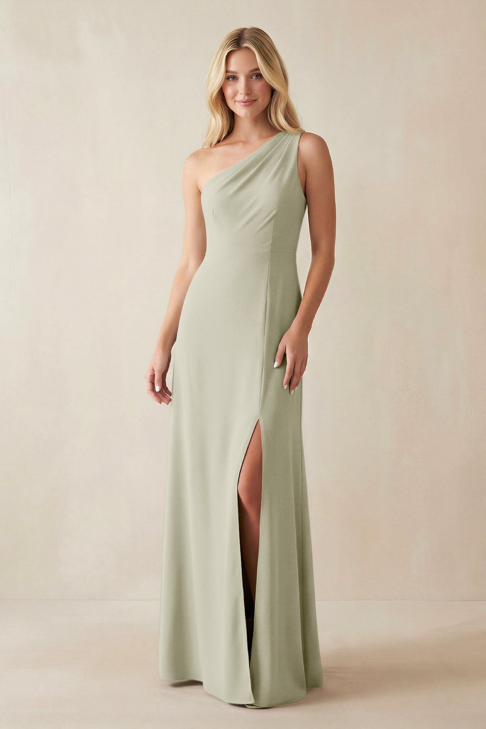 One - Shoulder Sheath Satin Bridesmaid Dress With Slit in Frost - KISS BRIDAL Bridesmaid Dresses