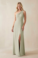 One - Shoulder Sheath Satin Bridesmaid Dress With Slit in Frost - KISS BRIDAL Bridesmaid Dresses