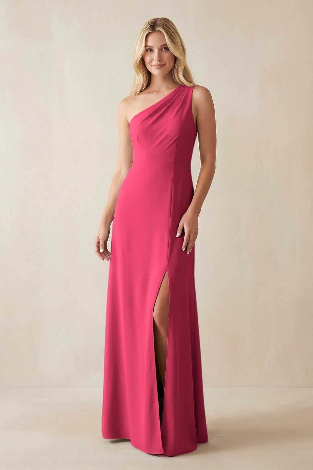 One - Shoulder Sheath Satin Bridesmaid Dress With Slit in Fuchsia - KISS BRIDAL Bridesmaid Dresses