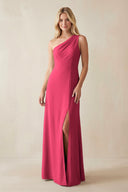 One - Shoulder Sheath Satin Bridesmaid Dress With Slit in Fuchsia - KISS BRIDAL Bridesmaid Dresses
