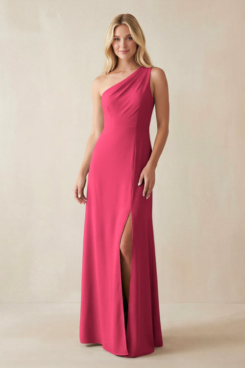 One - Shoulder Sheath Satin Bridesmaid Dress With Slit in Fuchsia - KISS BRIDAL Bridesmaid Dresses