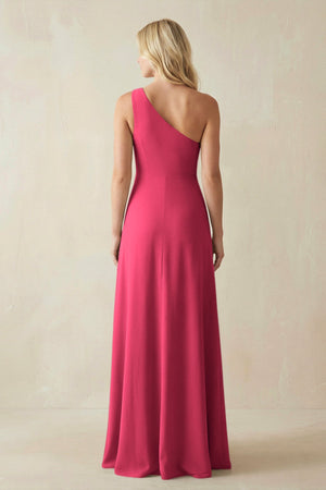 One - Shoulder Sheath Satin Bridesmaid Dress With Slit in Fuchsia - KISS BRIDAL Bridesmaid Dresses