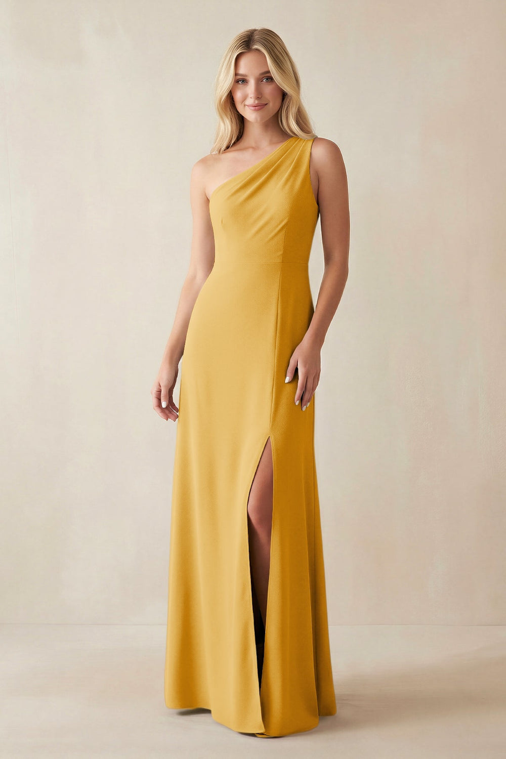One - Shoulder Sheath Satin Bridesmaid Dress With Slit in Gold - SHE IS ME Bridesmaid Dresses