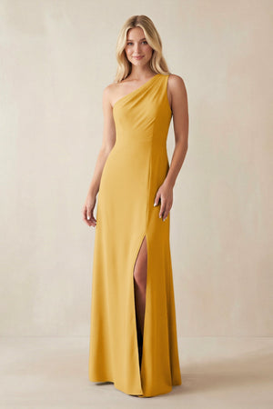One - Shoulder Sheath Satin Bridesmaid Dress With Slit in Gold - KISS BRIDAL Bridesmaid Dresses