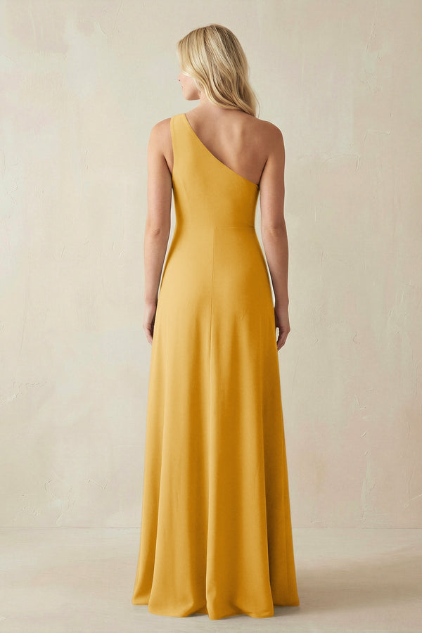 One - Shoulder Sheath Satin Bridesmaid Dress With Slit in Gold - KISS BRIDAL Bridesmaid Dresses