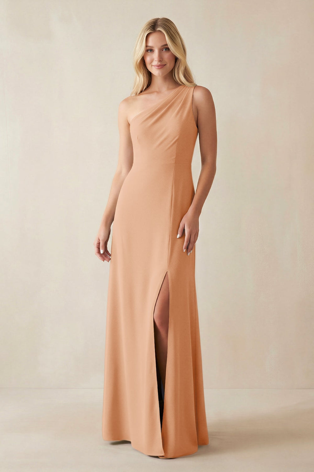 One - Shoulder Sheath Satin Bridesmaid Dress With Slit in Golden Champagne - SHE IS ME Bridesmaid Dresses