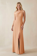One - Shoulder Sheath Satin Bridesmaid Dress With Slit in Golden Champagne - KISS BRIDAL Bridesmaid Dresses