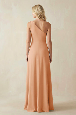 One - Shoulder Sheath Satin Bridesmaid Dress With Slit in Golden Champagne - SHE IS ME Bridesmaid Dresses
