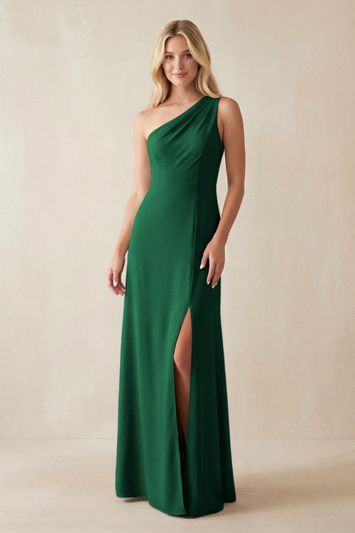 One - Shoulder Sheath Satin Bridesmaid Dress With Slit in Green - KISS BRIDAL Bridesmaid Dresses