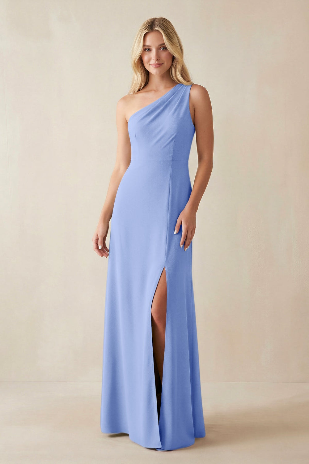 One - Shoulder Sheath Satin Bridesmaid Dress With Slit in Ice - SHE IS ME Bridesmaid Dresses