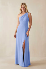 One - Shoulder Sheath Satin Bridesmaid Dress With Slit in Ice - KISS BRIDAL Bridesmaid Dresses