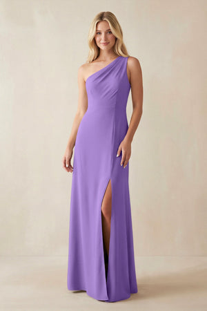 One - Shoulder Sheath Satin Bridesmaid Dress With Slit in Lilac - KISS BRIDAL Bridesmaid Dresses