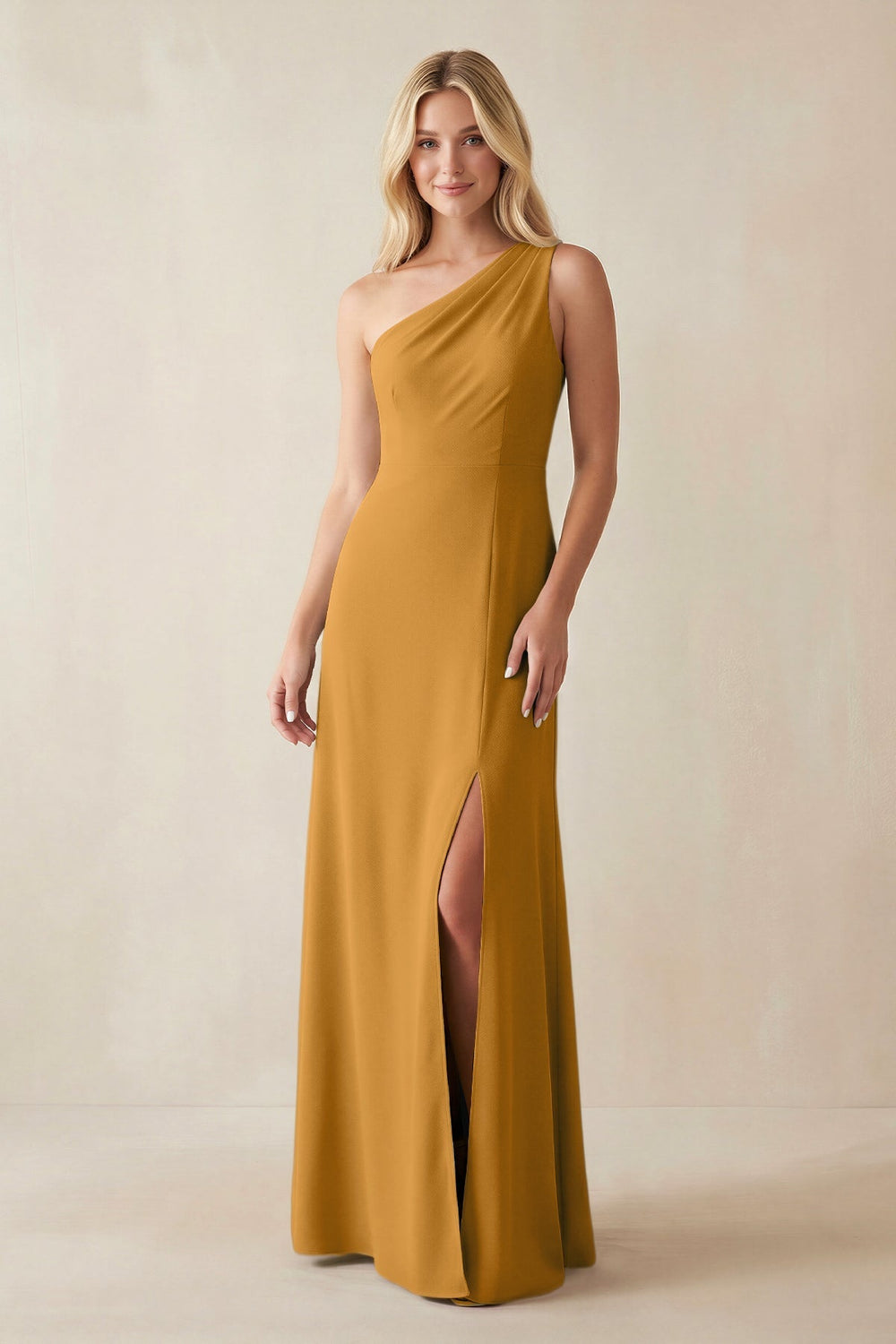 One - Shoulder Sheath Satin Bridesmaid Dress With Slit in Marigold - SHE IS ME Bridesmaid Dresses